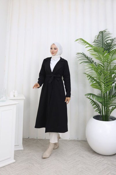 Generic Brand Black Kashkash Coat with Belt, Pockets, Knee-Length, Long Inner Lining