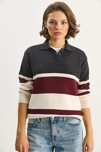 Bianco Lucci Women's Striped Polo Neck Knitwear Sweater Tk251125 60283701