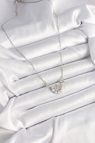 Skygo 316L Steel Silver Color Zircon Stone Crescent Pink Heart Model Women's Necklace - Tj-Bko9930
