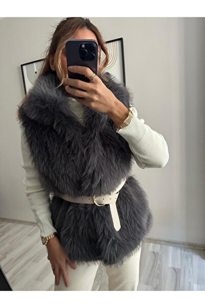 TB Butik Широкий пояс - Антрацит - Без рукавів - Підкладка з хутра Плюшевий жилет