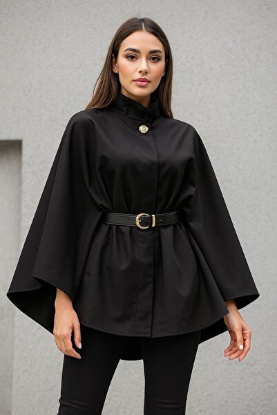 Markasız ucuz Şık Düğme Detaylı Kemerli Siyah Pelerin Ceket – Modern ve Zarif Görünüm