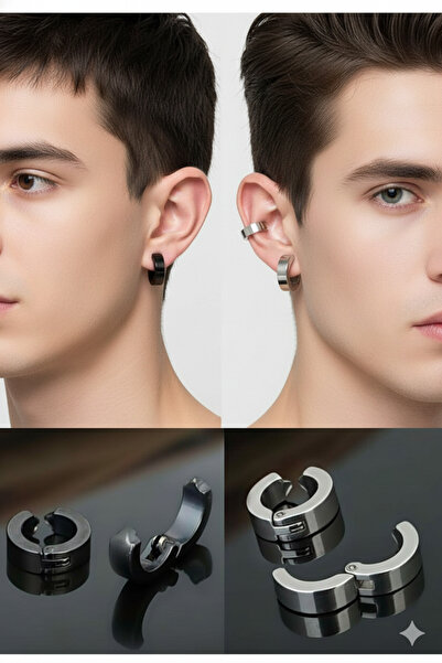 Glapzen Siyah ve Gümüş Renk Sıkıştırmalı Unisex Deliksiz Kulak Küpesi – 2 Siyah, 2 Gümüş Adet, Şık Aksesuar