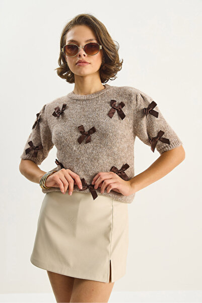 Bianco Lucci Pulover tricotat cu mânecă scurtă pentru femei guler rotund cu detaliu cu fundă 2494 60283676