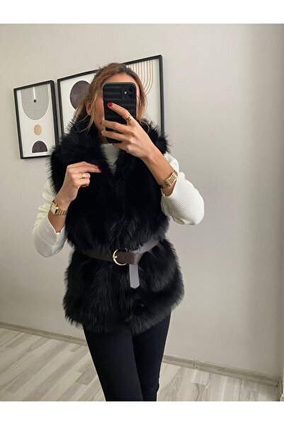 TB Butik Wide Belted - Black - Zero Sleeves - Lined Fur Plush Vest