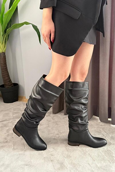 Preshley Γυναικείες μπότες Mika μαύρες δερμάτινες με επίπεδη σόλα με κορδόνια που συρόνται κάτω από το γόνατο