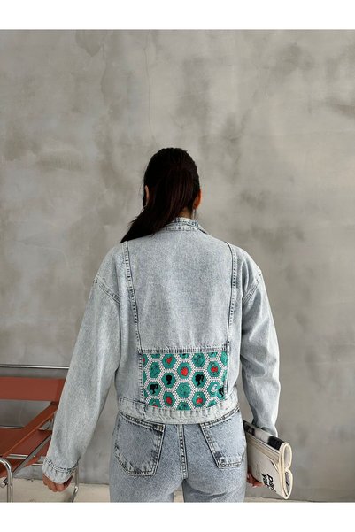 Butik Heksagon Art Printed Kot Crop Jeanolog Jacket
