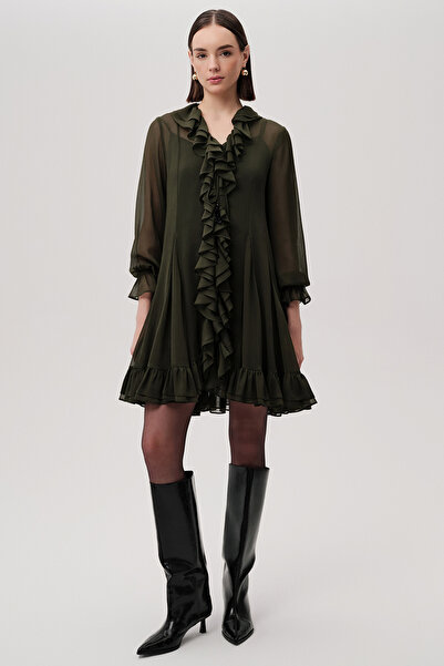 Exquise Fırfırlı V Yaka Uzun Kollu Regular Astarlı Mini Şifon Yeşil Elbise