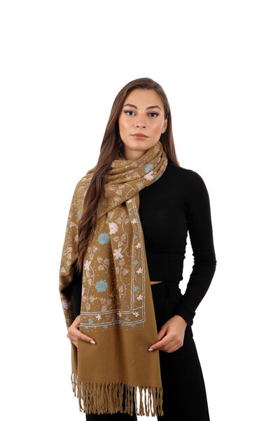 Bursa İpek Mustard Stone Embroidered Winter Shawl