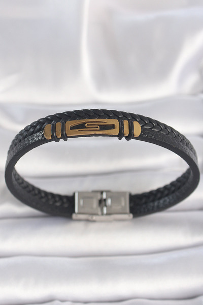 Skygo 316L Steel Gold Color Accessory Double Row Black Twist Pattern Leather Cord Men's Bracelet - Tj-Eb3708