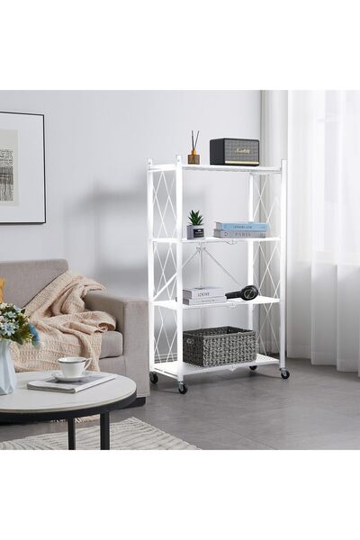 Wemart أرفف تخزين قابلة للطي بأربعة رفوف مع عجلات، وحدة رفوف معدنية قابلة للط...