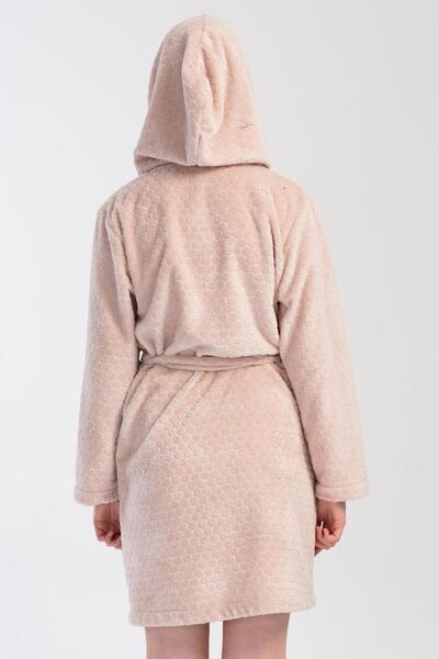VİENETTA Women's Beige Color Hooded Welsoft Pocketed Dressing Gown C5T1N1304