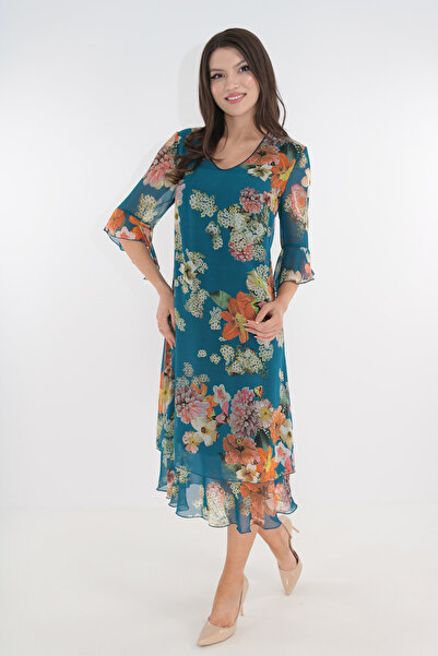 Vanessa Line RO Blue floral print maxi dress with flared veil