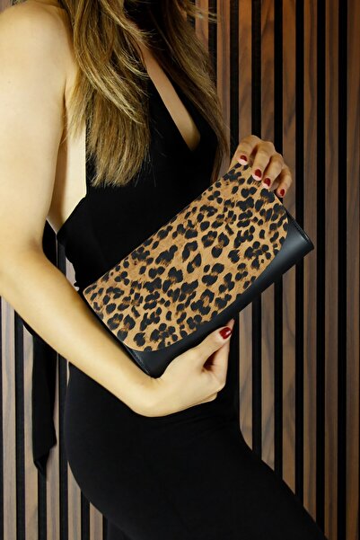 Erkan Saçmacı Black Leopard Vegan Chain Strap Magnetic Closure Elegant Evening Dress Clutch Bag