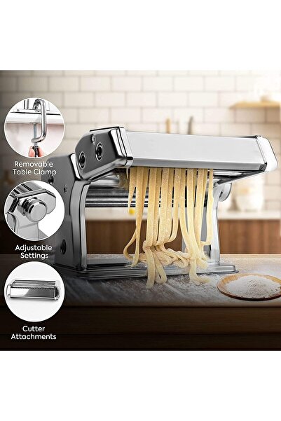 Generic آلة صنع المعكرونة، أسطوانة وقاطعة معكرونة يدوية من الفولاذ المقاوم للصدأ مع مشبك لتحضير السباغيتي واللازانيا