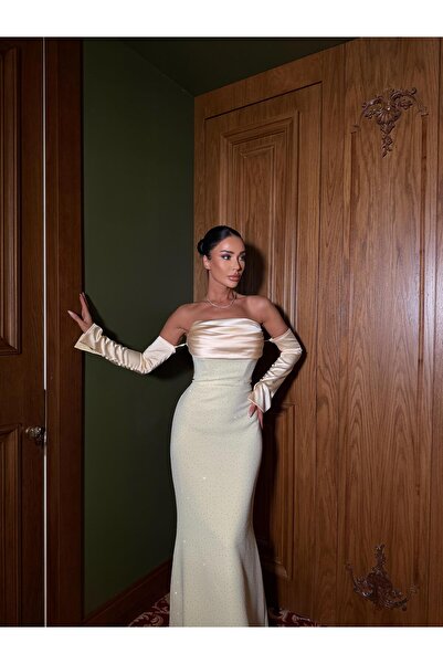 Serica Moda Sarı Saten Kol Detaylı Taş Baskılı Elbise