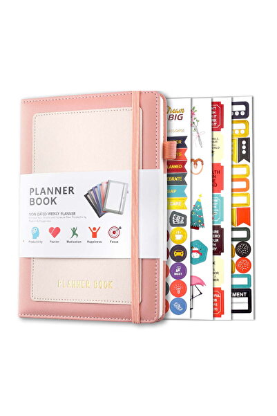 Saharaz مخطط أسبوعي A5 مخطط يومي بدون تاريخ، دفتر ملاحظات غلاف مقوى من جلد ال...