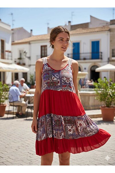 Punta Otantik Vl1560 Off-Shoulder Lace Patchwork Strap Voile Dress Red