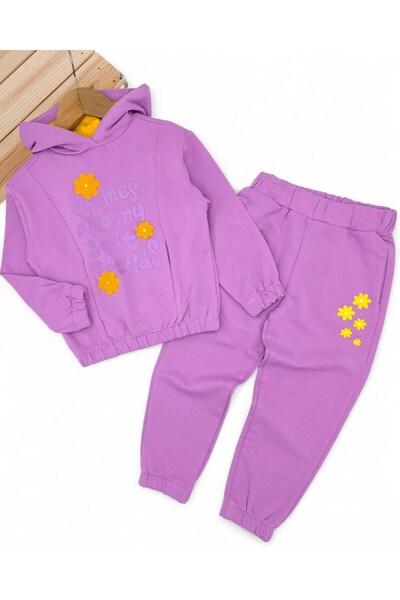 Ege Bebek Girl Child 2-3-4-5-6 Years Old, Transitional Hooded , Compact Tracksuit Set with Floral Embroidery