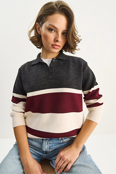 Bianco Lucci Women's Striped Polo Neck Knitwear Sweater Tk251125 60283701