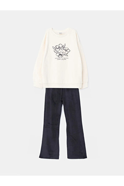 LC Waikiki Lcw Kids Beige Crew Neck Girls Thick Sweatshirt and Leggings