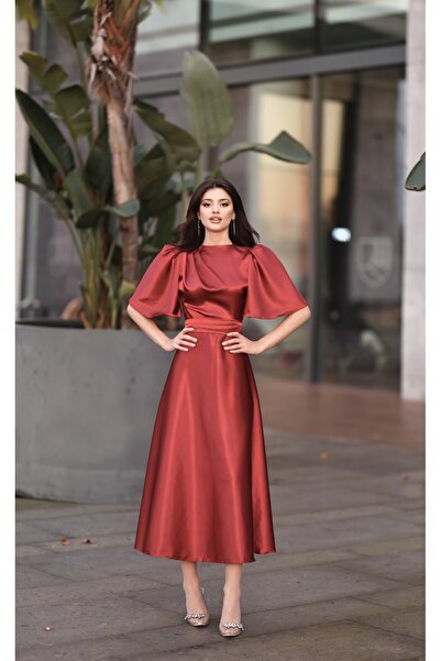 BEYZATURAN Fusta evazată cu mâneci scurte Velora guler rotund rochie/rochie de seară burgundy