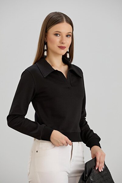 Sortie Kadın Gömlek Yakalı İki İplik Basic Siyah Crop Sweatshirt