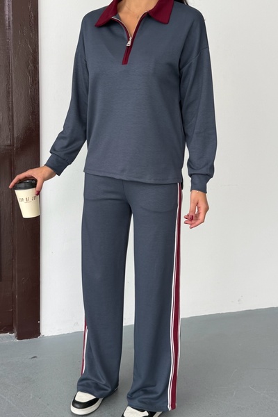 Ded COLLECTION Women's Zippered Collar Back Striped Detail Sporty Stylish Modal Set