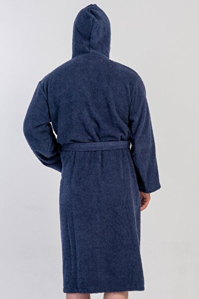 VİENETTA Men's Hooded Navy Blue Bathrobe – Towel Texture, Pockets, Belted C7T6N8161