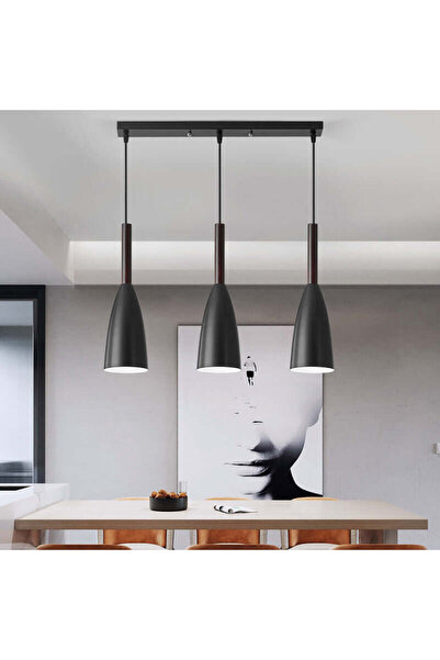 AB Luxury Concept Pandantiv retro elegant, 3 pandantive conice, materiale premium, lemn și fier, negru/maro, 10x35cm