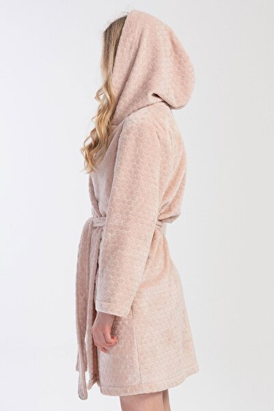 VİENETTA Women's Beige Color Hooded Welsoft Pocketed Dressing Gown C5T1N1304