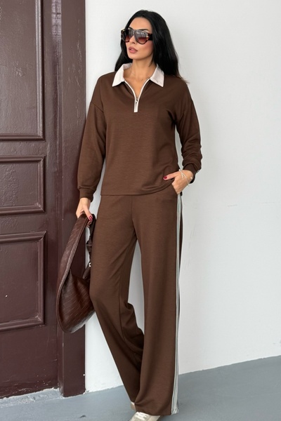 Ded COLLECTION Women's Zippered Collar Back Striped Detail Sporty Stylish Modal Set