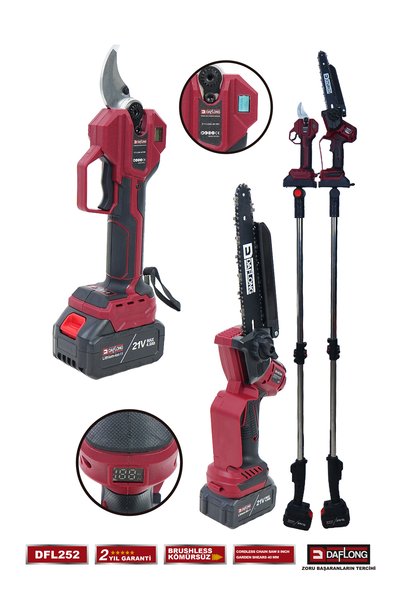 DAFLONG PRO 10 PİLLİ 2.1M TELESKOPİK UZATMALI 2'Lİ 40MM BAĞ MAKASI+OTO YAĞLAMALI DAL BUDAMA DFL-252