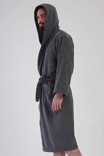 VİENETTA Men's Hooded Dark Gray Bathrobe – Towel Texture, Pockets, Belted C4T6N7161
