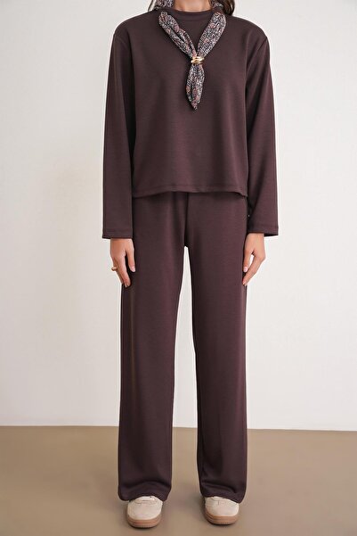 Mixray 2026 Women's Modal Bottom and Top Tracksuit Set with Scarf Detail, Brown