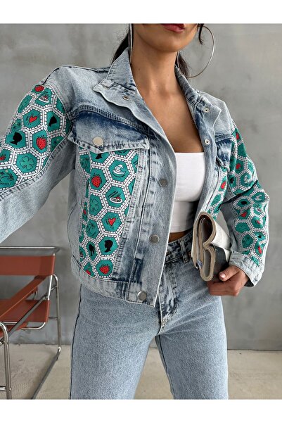 Butik Heksagon Art Printed Kot Crop Jeanolog Jacket