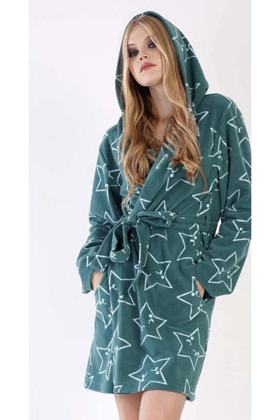 VİENETTA Women's Polar Hooded Short Green Dressing Gown