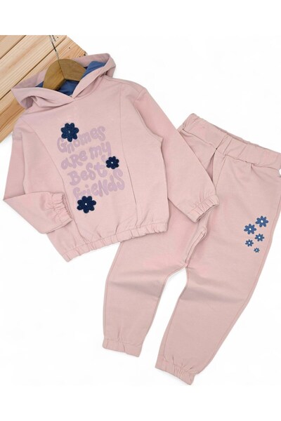 Egelite Girl Child 2-3-4-5-6 Years Old, Transitional Hooded , Compact Tracksuit Set with Floral Embroidery