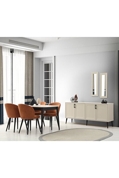 Minar Prime Yemek Odası Takımı - Kumtaşı/Siyah Ayak