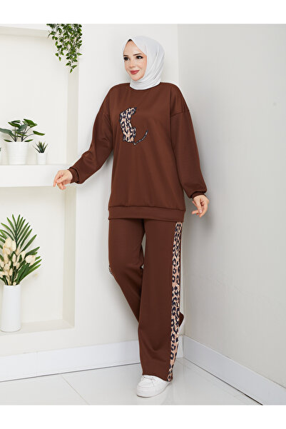Wual giyim Leopard Printed Sweatshirt Tracksuit Set