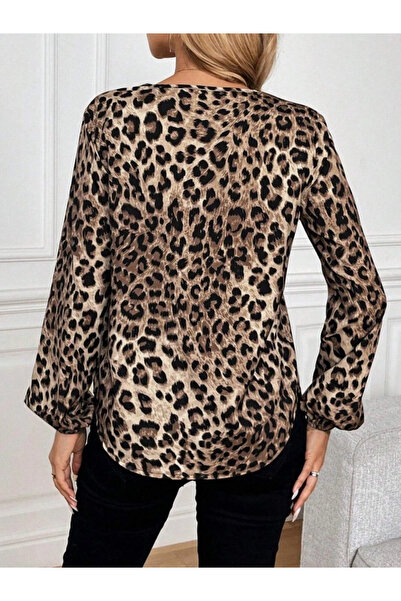 ARONA Women's Long Sleeve V-Neck Modal Leopard Blouse