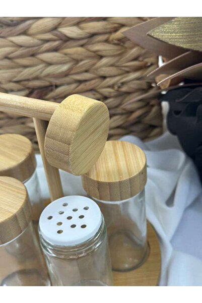 MD MİMOZA DEKOR 5-Piece Spice Rack / Organizer with Bamboo Stand and Cover