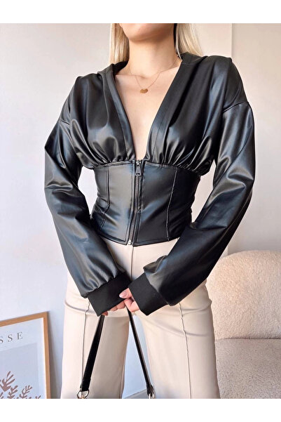 Combin Jachetă cu glugă cu jumătate de fermoar neagră h24116