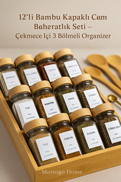 Mottogo 12-Piece Bamboo Lid Spice Jar Set 120 ml – for Inside Drawers & Countertops – Bamboo Organizer