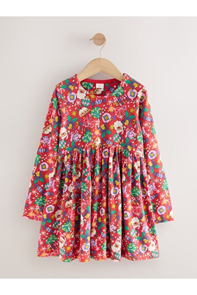 Next Baby Cotton Red Christmas Character Long Sleeve Jersey Dress