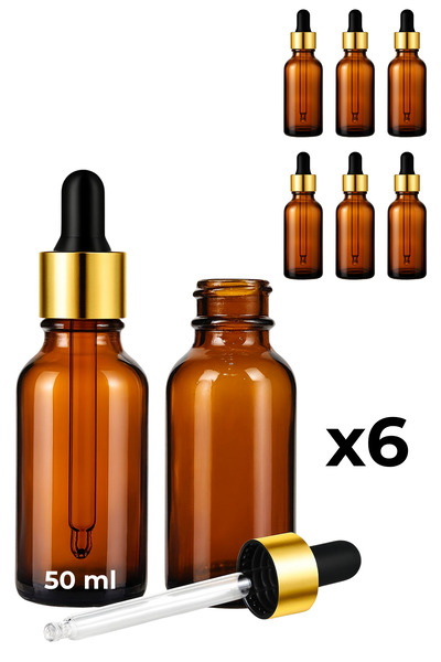 Seray Cam 6’lı 50 ml Amber Cam Serum Şişesi + Gold (Altın) Metal Kapaklı Siyah Uçlu Damlalık