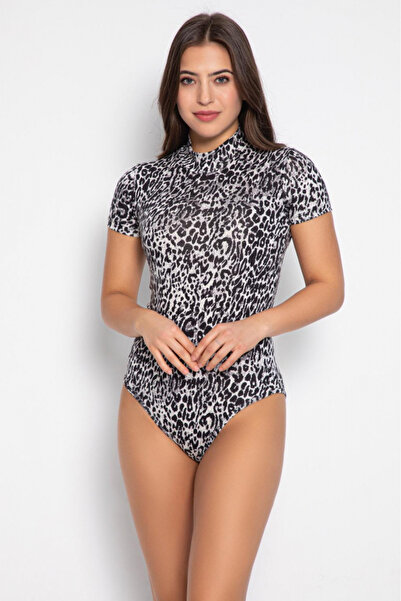 embody Women's bodysuit, short sleeves, animal print, grey