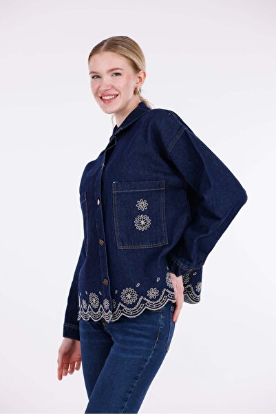 Pulli Collection Etnik Desen İşlemeli Çift Cepli Kot Ceket Lacivert