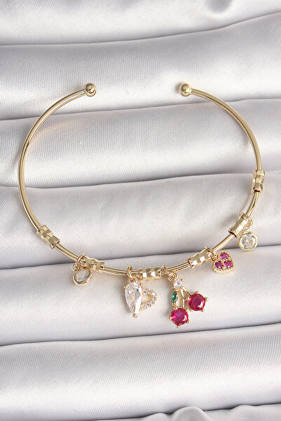 Skygo Brass Gold Color Hanging Red Zircon Stone Cherry Figure Charm Women's Bracelet - Tj-Bb6890