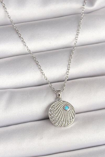 Skygo 316L Steel Silver Color Chain Zircon Stone Blue Stone Detailed Medallion Model Women's Necklace - Tj-Bko9965