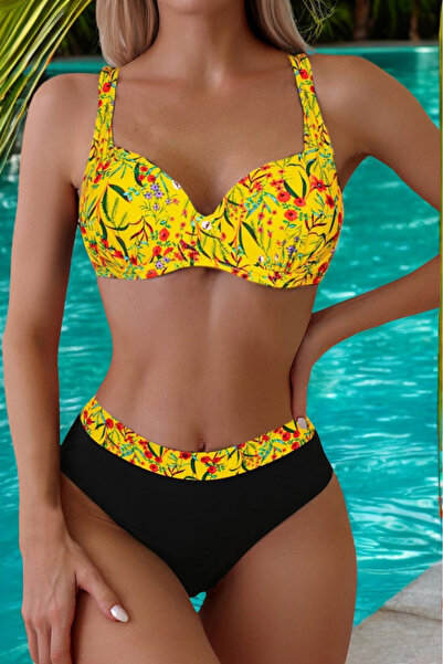 embody Costum de baie din 2 piese, slip clasic, mărime mare, negru/galben lm037